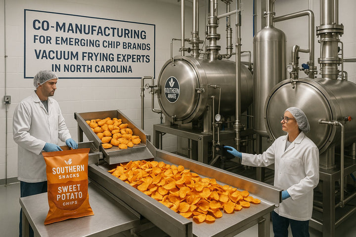 Industrial co-manufacturing facility showing vacuum frying process for sweet potato chips, ideal for emerging snack brands seeking healthy snack copackers.